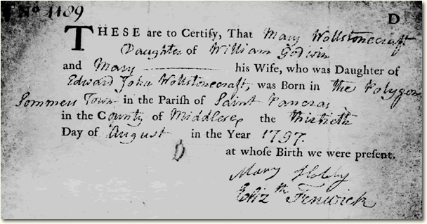 Birth Entry for Mary Wollstonecraft Godwin